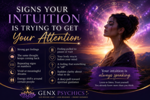 Woman receiving intuitive guidance surrounded by cosmic energy and spiritual symbols representing signs your intuition is trying to get your attention