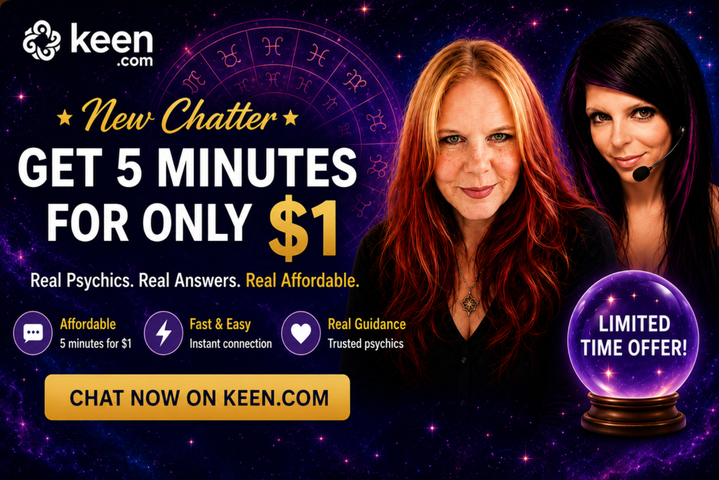 Melissa Star and psychic advisor promoting Keen.com New Chatter offer with 5 minutes for only $1, featuring cosmic background, zodiac symbols, and crystal ball.