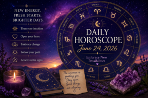 Daily horoscope June 24 2026 zodiac forecast with astrology wheel, spiritual guidance, intuition, and cosmic energy