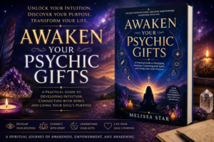 Awaken Your Psychic Gifts by Melissa Star book promotion with crystals, candles, stars, intuition, spirit connection, and spiritual awakening.