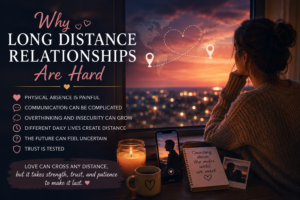Why long distance relationships are hard featuring a couple separated by distance, phone communication, trust, love, and emotional connection.