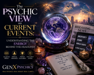 Psychic view on current events featuring a crystal ball, collective energy, spiritual awareness, world events, intuition, and personal growth.